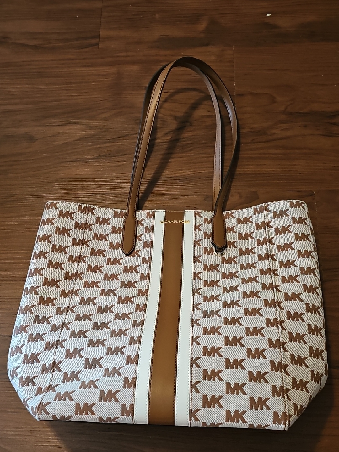 Michael Kors Brown And White Mk Logo Tote With Center Stripe